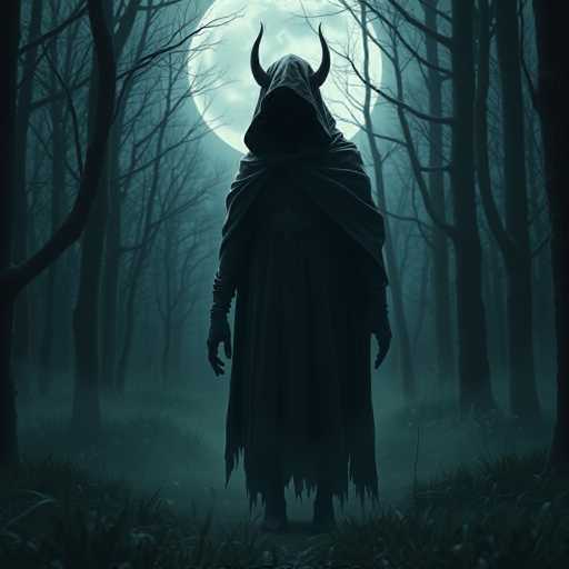 The image depicts a figure shrouded in darkness and wearing a hooded cloak with horns protruding from the head. The figure is standing in a forest setting, surrounded by trees that form a dense canopy overhead. The background features a full moon illuminating the scene, casting an ethereal glow on the figure and the surrounding environment.