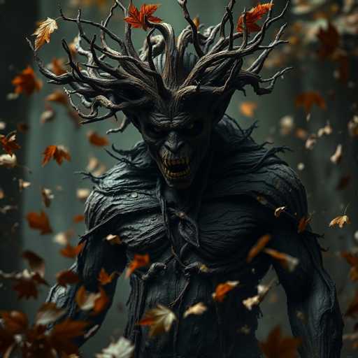 A dark figure with twisted facial features stands amidst a forest of fallen leaves and branches, creating an eerie atmosphere. The figure is wearing a long robe that flows behind them as they move through the woods.