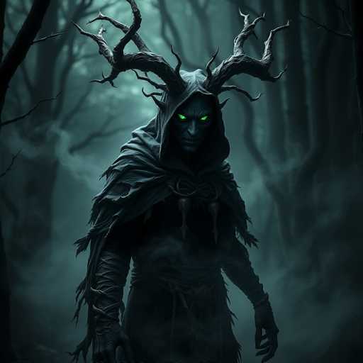 The image depicts a figure with green eyes and a hooded cloak standing in the center of a forest. The figure is holding a staff, which has a skull on it, suggesting a connection to the dark and mysterious theme of the scene.