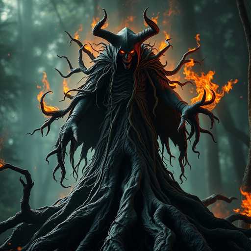 The image depicts a dark figure with horns and a red face standing amidst a forest of trees. The figure is wearing a long robe that flows behind it as it moves through the woods. The background features a dense canopy of trees, their leaves glowing with an orange hue from the fire burning within them.
