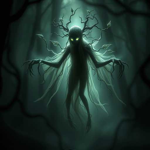 The image depicts a dark and mysterious forest scene with a large, ethereal figure standing in the center of the frame. The figure is shrouded in darkness, with long, flowing hair that trails behind it as it moves through the forest. The figure's face is illuminated by green light, adding an eerie glow to its appearance. The background is filled with trees and foliage, creating a sense of depth and dimensionality to the scene.