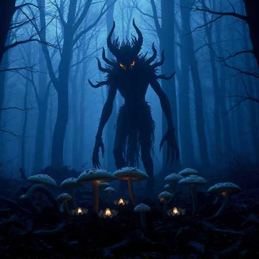 The image depicts a dark forest scene with a large, eerie figure standing in the center surrounded by mushrooms and other mushrooms on either side of it. The figure is facing towards the right side of the image, creating an unsettling atmosphere.