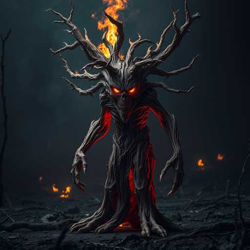 The image depicts a creature with a large head and glowing red eyes standing on a rocky surface surrounded by flames. The creature has long, twisted limbs that give it an eerie appearance. The background is dark and shrouded in smoke, adding to the ominous atmosphere of the scene.