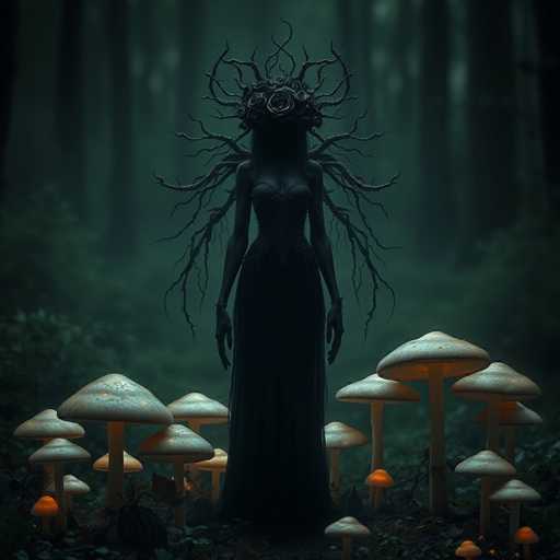 The image depicts a woman standing in a forest surrounded by mushrooms and trees with green leaves. The woman is wearing a long black dress that reaches down to her knees, and she has a crown on her head. The mushrooms surrounding the woman are white and glowing, adding an ethereal quality to the scene.
