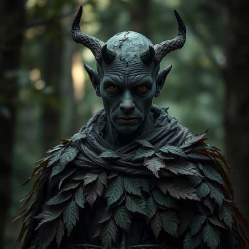 The image depicts a person wearing a green suit with large horns and leaves on their head, standing in front of trees. The person's face is partially obscured by the foliage, adding an air of mystery to the scene.