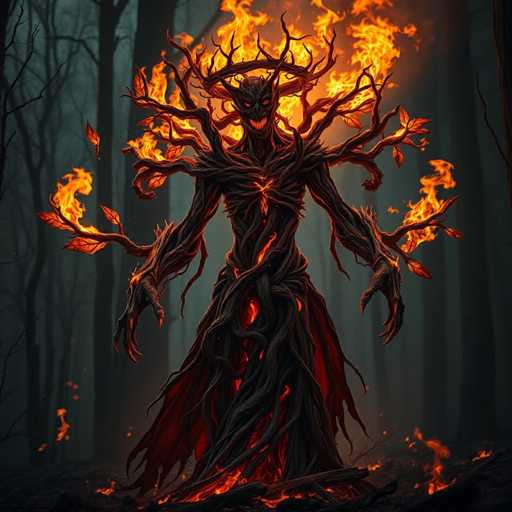 The image depicts a fiery creature with long, twisted limbs and a large head crowned by a flame. The creature is standing on a bed of burning branches, surrounded by the dark forest.