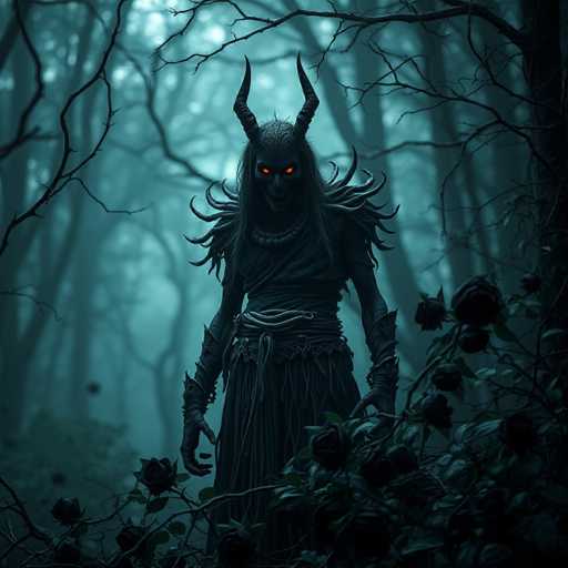 A person with red eyes and a long beard stands in front of a forest filled with black roses. The person is wearing a long robe and has a staff on their head.