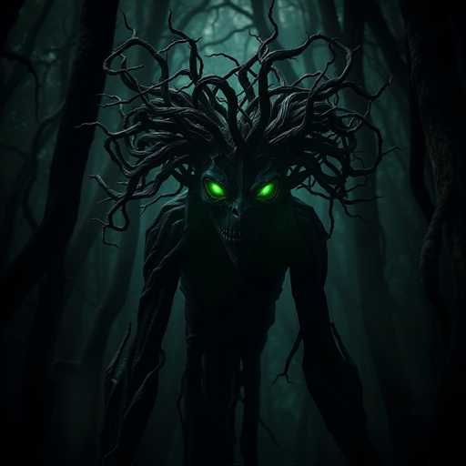 The image depicts a creature with long, twisted limbs and glowing green eyes standing in the center of a dark forest. The creature is facing towards the right side of the frame, giving an impression that it's ready to pounce or run away from its surroundings.