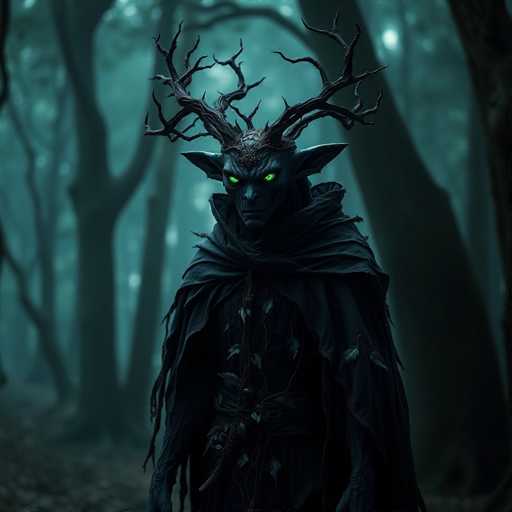 The image depicts a person dressed as a werewolf with green eyes and horns, standing in the center of a forest. The person is wearing a black cloak that covers their entire body, and they have a pointed hat on their head. The background features trees and foliage, creating an eerie atmosphere typical of a witch's dwelling or a dark forest setting.