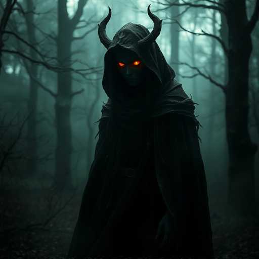The image depicts a person wearing a hooded cloak and red eyes standing in the center of a forest. The person is facing away from the camera, giving an impression of solitude or mystery. The background consists of trees with brown trunks and green leaves, creating a sense of depth and distance within the scene.