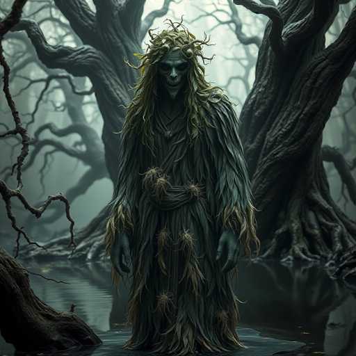 The image depicts a character with long hair and a green robe standing on the edge of a body of water surrounded by trees. The character is facing away from the camera, giving an impression of solitude or contemplation.