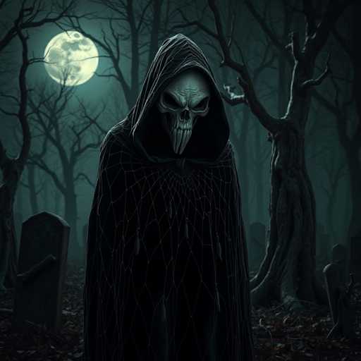 The image depicts a spooky scene set in a graveyard at night. The main subject is a skeleton with a hooded cloak and fangs protruding from its mouth, standing in the center of the frame. Surrounding the skeleton are several tombstones, including one on the left side of the image that appears to be slightly tilted. In the background, there's a full moon illuminating the graveyard, casting eerie shadows and highlighting the skeletal figure.
