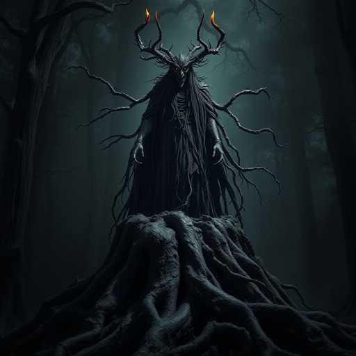The image depicts a dark and eerie scene set in a forest at night. The main subject is a large, imposing figure with long horns standing on top of a tree stump surrounded by roots. The figure's face is twisted in a menacing expression, adding to the overall sense of dread and fear. The background is shrouded in darkness, further emphasizing the ominous atmosphere of the scene.