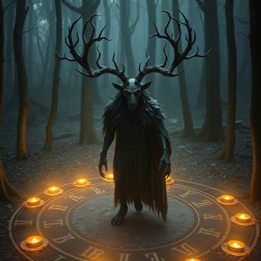 A figure dressed in black with large antlers stands on a circular platform surrounded by candles and a clock face inscribed with Roman numerals.