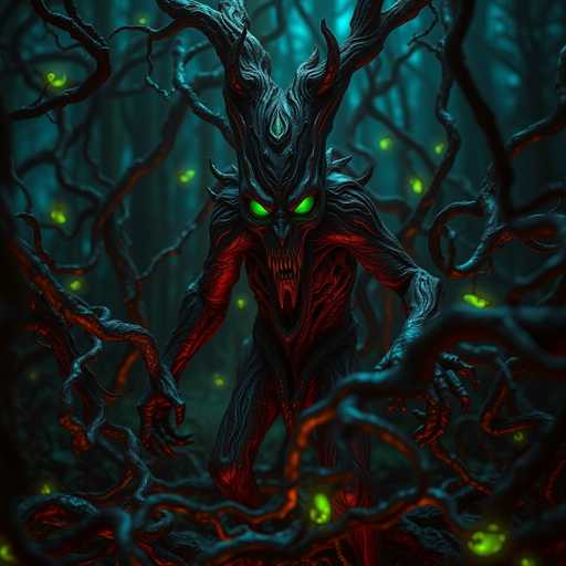 The image depicts a dark and eerie scene set within a forest. At the center of the image is a creature with glowing green eyes and red skin, giving it an otherworldly appearance. The creature has horns on its head and a long neck that stretches upwards towards the sky. It appears to be in motion, walking through the dense foliage surrounding it. The background is filled with dark trees and branches, creating a sense of depth and mystery.
