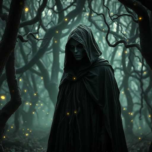 The image depicts a solitary figure dressed in a black robe and hooded cloak standing amidst the dense foliage of a forest. The figure is positioned centrally within the frame, with their gaze directed off to the side. The forest around them is filled with trees that stretch upwards into the sky, creating a canopy overhead. The scene is bathed in an ethereal glow from the surrounding trees and foliage, adding a sense of mystery and intrigue to the image.