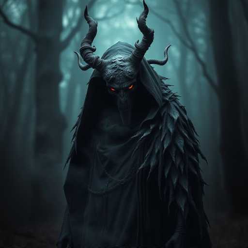 The image depicts a dark figure with horns and a hooded robe standing in the center of a forest. The figure is facing towards the right side of the frame, creating a sense of movement or direction within the scene.