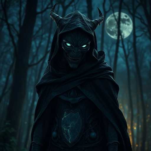 The image depicts a person wearing a hooded cloak and a mask with green eyes standing in front of a full moon. The person is positioned centrally within the frame, drawing attention to their face and the surrounding darkness.