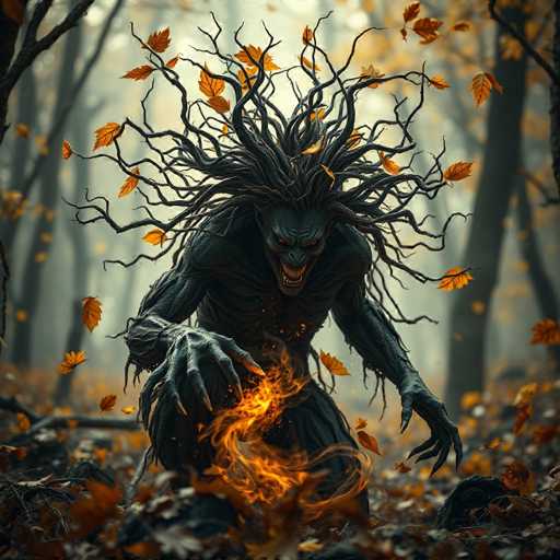 The image depicts a dark figure with long dreadlocks and a large headdress, holding a flame that is burning the surrounding leaves. The background shows trees with yellow leaves falling from them, creating an autumnal atmosphere.