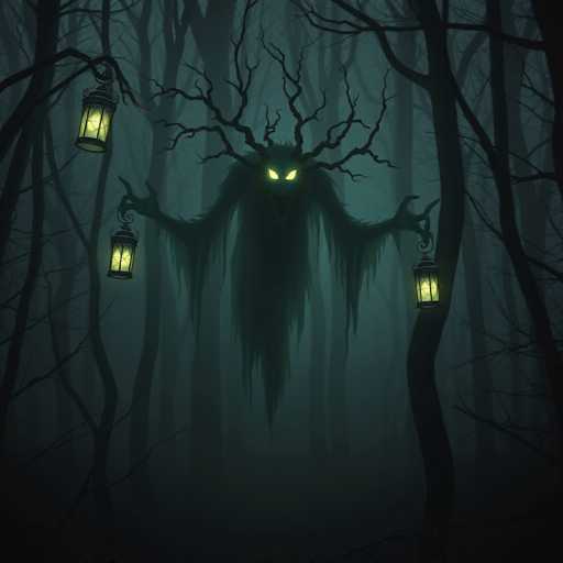The image depicts a spooky scene set in a dark forest. A large, eerie figure with long hair and glowing green eyes is the central focus of the image. The figure has two lanterns attached to its back, one on each side, casting an eerie glow that illuminates the surrounding darkness. The background features trees with twisted branches reaching out into the night sky, creating a sense of depth and mystery.
