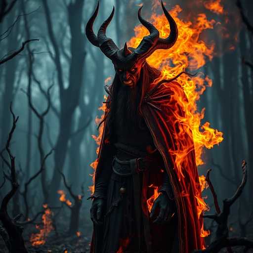The image depicts a person dressed as a devil or witch standing in the center of a forest. The individual is wearing a red cape and has horns that appear to be burning with fire. The background features trees and bushes, creating an eerie atmosphere.