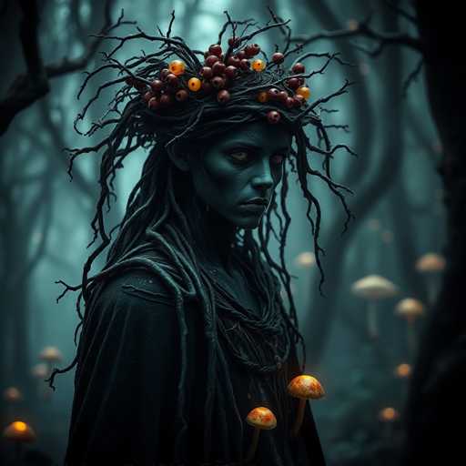 A woman with long dreadlocks and a headdress made of berries is the central figure in this image. She stands amidst an array of mushrooms that dot the forest floor around her. The mushrooms vary in size and shape, adding depth to the scene. The background is shrouded in darkness, creating a sense of mystery and intrigue.