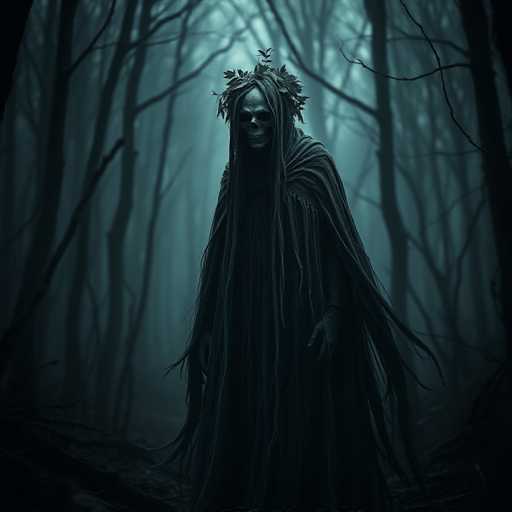A figure shrouded in darkness stands alone in a forested area, with their head bowed low and hands clasped together. The figure is wearing a long robe that flows behind them as they move through the woods.