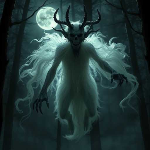 A white creature with horns and a tail is depicted in mid-flight against the backdrop of a dark forest. The creature has long hair flowing behind it as it soars through the air.