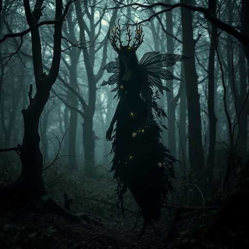 A woman with long hair and a black dress is walking through a forest at night. She has wings on her back and is carrying a staff. The trees around her have no leaves, suggesting the image was taken during the fall or winter months when deciduous trees shed their foliage.
