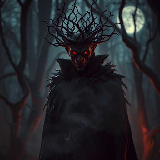 The image depicts a dark figure with red eyes and a hooded cloak standing in the center of a forest at night. The figure is surrounded by trees and bushes, creating an eerie atmosphere.