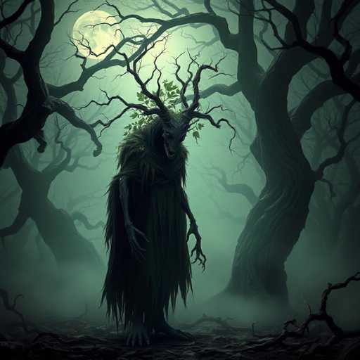 The image depicts a dark and eerie forest scene with a large tree trunk on the left side of the frame. The background is shrouded in darkness, creating an atmosphere of mystery and suspense. In the center of the image, there's a figure dressed in a long robe that blends into the shadows, giving it an almost ghostly appearance. The figure has long hair and is holding a staff, further enhancing its ethereal presence. The forest around them is dense with trees, their branches reaching out like skeletal fingers against the night sky. A large full moon can be seen in the top right corner of the image, casting an eerie glow over the scene.