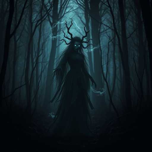 A woman with long hair and a dress stands in a dark forest, holding a lit candle.