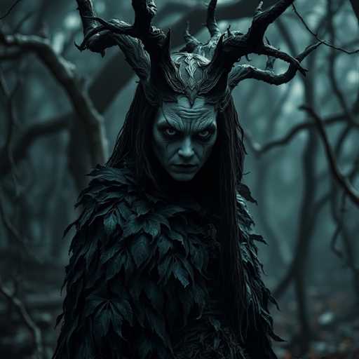The image depicts a woman with long dark hair wearing a black dress adorned with leaves and horns. She is standing in front of trees that have fallen over due to the darkness of the forest. The woman's face is twisted into an evil expression, adding to the eerie atmosphere of the scene.