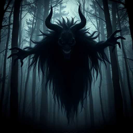 A dark figure with horns and a long tail is seen from behind, moving towards the left side of the image. The figure appears to be in motion, possibly running or walking through the forest.