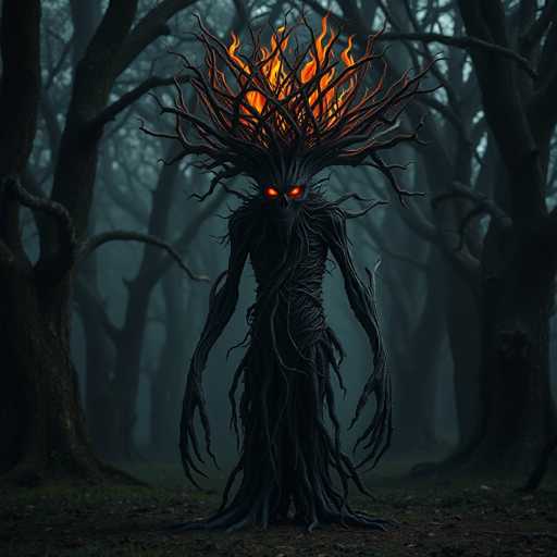 The image depicts a dark forest scene with a large, twisted tree trunk as the central focus. The tree has fiery orange flames growing from its top and is surrounded by other trees that form an eerie backdrop to this unusual spectacle. The image does not contain any discernible text or countable objects, making it difficult to determine specific details about the setting or the character's actions.

The style of the image can be described as a 3D rendering with a dark color palette and dramatic lighting effects, creating a sense of mystery and tension in the scene. The tree trunk is the main subject, drawing attention due to its twisted form and the fiery flames growing from it.