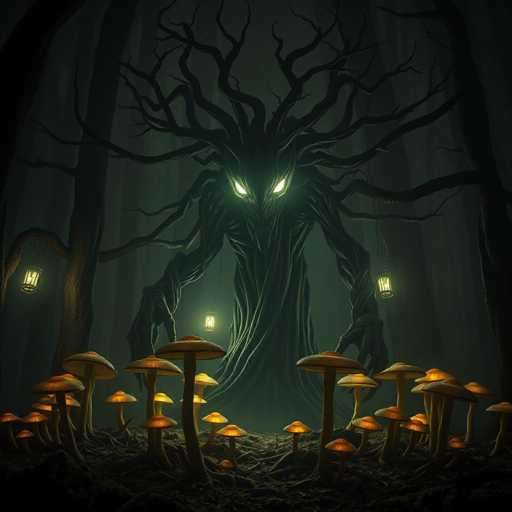 The image depicts a dark forest scene with a large tree trunk as the central focus. The tree has long, twisted branches and glowing green eyes that appear to be staring directly at the viewer. Surrounding the tree are numerous mushrooms of various sizes and colors, including orange, brown, and white.