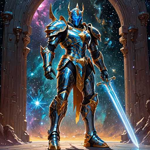 A majestic, armored knight stands in a fantastical setting. The knight is clad in gleaming blue and gold armor with intricate details, holding a glowing sword. Behind the knight, a vibrant, cosmic backdrop of swirling nebulae and stars creates a sense of epic scale. The art style is digital painting, emphasizing dramatic lighting and detailed textures.