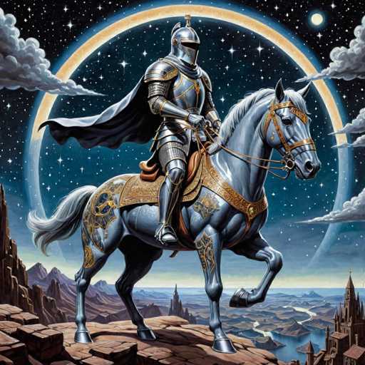 A knight in gleaming silver armor rides a majestic, blue-grey horse on a rocky, otherworldly landscape under a large, crescent moon. The knight wears a flowing black cape and helmet, while the horse's saddle is ornate with gold detailing. The scene is rendered in a detailed, fantasy art style with a focus on dramatic lighting and a sense of epic scale.