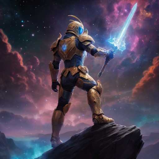A lone, armored warrior stands atop a dark rock, facing a vibrant, swirling cosmic backdrop. The warrior is clad in ornate gold and blue armor, wielding a glowing blue sword. The scene is bathed in a mix of purple, pink, and blue hues, with distant stars adding to the otherworldly atmosphere. The art style is digital painting, emphasizing dramatic lighting and a sense of epic scale.