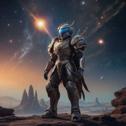 A lone, heavily armored warrior stands on a rocky, desolate landscape under a vibrant, otherworldly sky. The warrior is clad in intricate, metallic armor with glowing blue accents and a helmet that obscures their face. The background features alien mountains, a distant moon, and a swirling nebula-like sky with stars. The overall art style is futuristic fantasy, emphasizing detailed textures and a dramatic, atmospheric lighting.