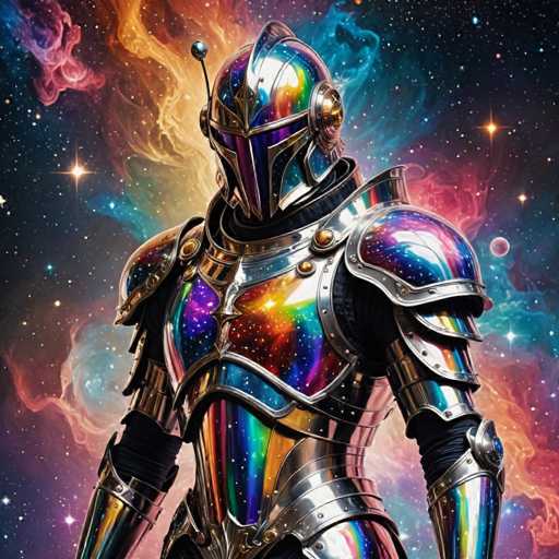 The image depicts a futuristic armor suit with a metallic sheen and vibrant colors of red, blue, green, yellow, and purple. The suit is adorned with a helmet featuring a golden emblem on the forehead and a silver antenna at the top. The background is a spectacle of stars and nebulae, creating an otherworldly atmosphere that complements the futuristic armor.