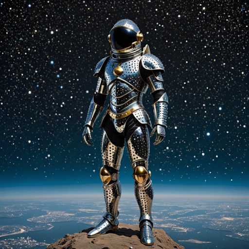 A lone, gleaming silver knight in full armor stands on a rocky outcrop under a starry night sky. The knight's metallic suit reflects the starlight, creating a futuristic yet medieval aesthetic. Below, a sprawling cityscape rests on a distant horizon, bathed in the soft glow of city lights. The overall style is a blend of fantasy and science fiction, emphasizing a sense of solitude and wonder in the vast cosmos.