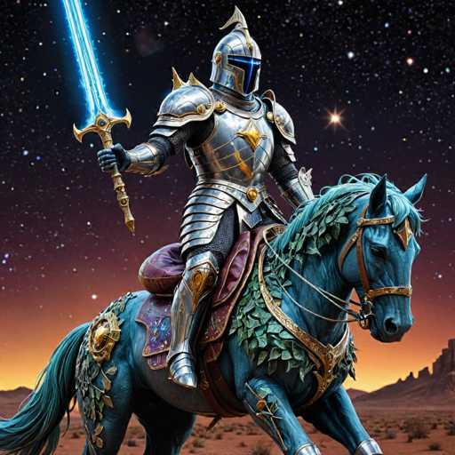 A knight in gleaming silver armor rides a majestic blue horse, wielding a glowing blue sword. The scene is set against a dark, starry sky with a warm, orange-brown landscape in the foreground. The knight and horse are positioned centrally, emphasizing their heroic presence against the vast, fantastical backdrop. The art style is detailed and digital painting-like, with a focus on intricate textures in the armor and horse's coat.