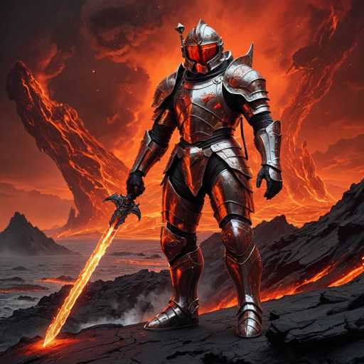 A lone, heavily armored knight stands on a fiery, volcanic landscape. The knight wields a glowing sword and is surrounded by molten lava and smoke-filled skies, creating a dramatic, dark fantasy scene. The art style is digital painting with a focus on detailed textures and lighting effects.
