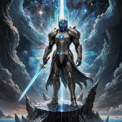 The image depicts a knight standing on a rock formation with his sword raised high above his head and his helmet gleaming under the light of a starburst effect. The background is filled with dark clouds and stars, creating an otherworldly atmosphere that complements the knight's attire.