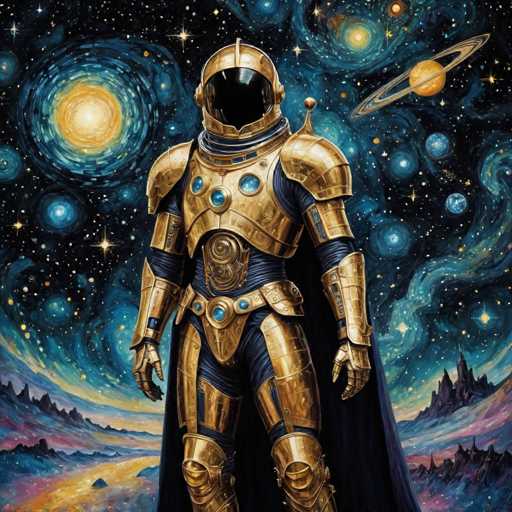 A lone, golden astronaut stands in a cosmic landscape. The astronaut is clad in ornate, gleaming armor with blue accents and a dark visor, set against a backdrop of swirling nebulae, distant planets, and a vibrant, star-filled sky. The overall style is highly detailed and fantastical, reminiscent of digital painting with a focus on intricate textures and dramatic lighting.