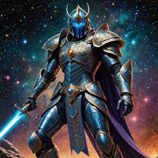 A knight in full armor stands on a rocky outcropping under the vast expanse of a starry sky. The knight is clad in a blue and gold suit with a matching helmet adorned with a golden emblem. The knight holds a sword aloft, its blade gleaming against the backdrop of the night sky.