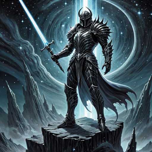 The image depicts a knight standing on a rock formation with his sword raised high above his head and the sword's blade pointing towards the sky. The knight is wearing a black suit of armor that includes a helmet and breastplate, and he holds a blue sword in his right hand. The background features a dark blue sky filled with stars and mountains, creating an otherworldly atmosphere.