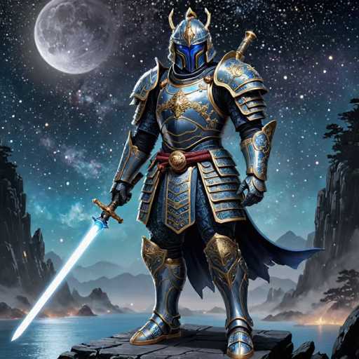 A majestic, armored knight stands poised on a dark, rocky platform overlooking a serene body of water under a starlit sky with a large, glowing moon. The knight is clad in ornate blue and gold armor, holding a glowing blue sword, with a dark blue cape flowing behind. The overall art style is digital painting, emphasizing detail and a fantastical atmosphere.