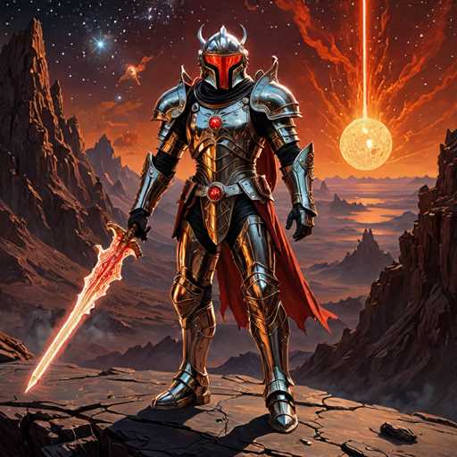 A lone, heavily armored knight stands on a rocky, desolate landscape under a fiery, alien sky. The knight wields a glowing red sword and wears a helmet with a glowing red visor, radiating power. The background features jagged mountains bathed in orange light and a distant, fiery sun with a beam of energy shooting towards the sky. The art style is highly detailed and fantastical, reminiscent of science fiction or fantasy illustrations with a focus on dramatic lighting and intricate armor design.